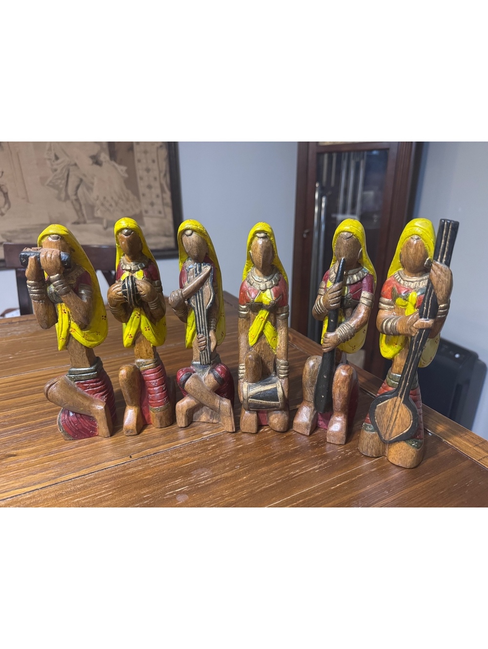 Vintage Hand Carved Indian Rajasthani Musician Figurines Set of 6 Wood Folk 9”